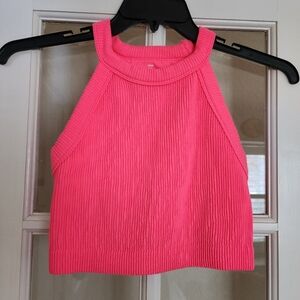 Aerie REAL GOOD Ribbed High Neck Cropped Halter Tank Top Pink Size Large